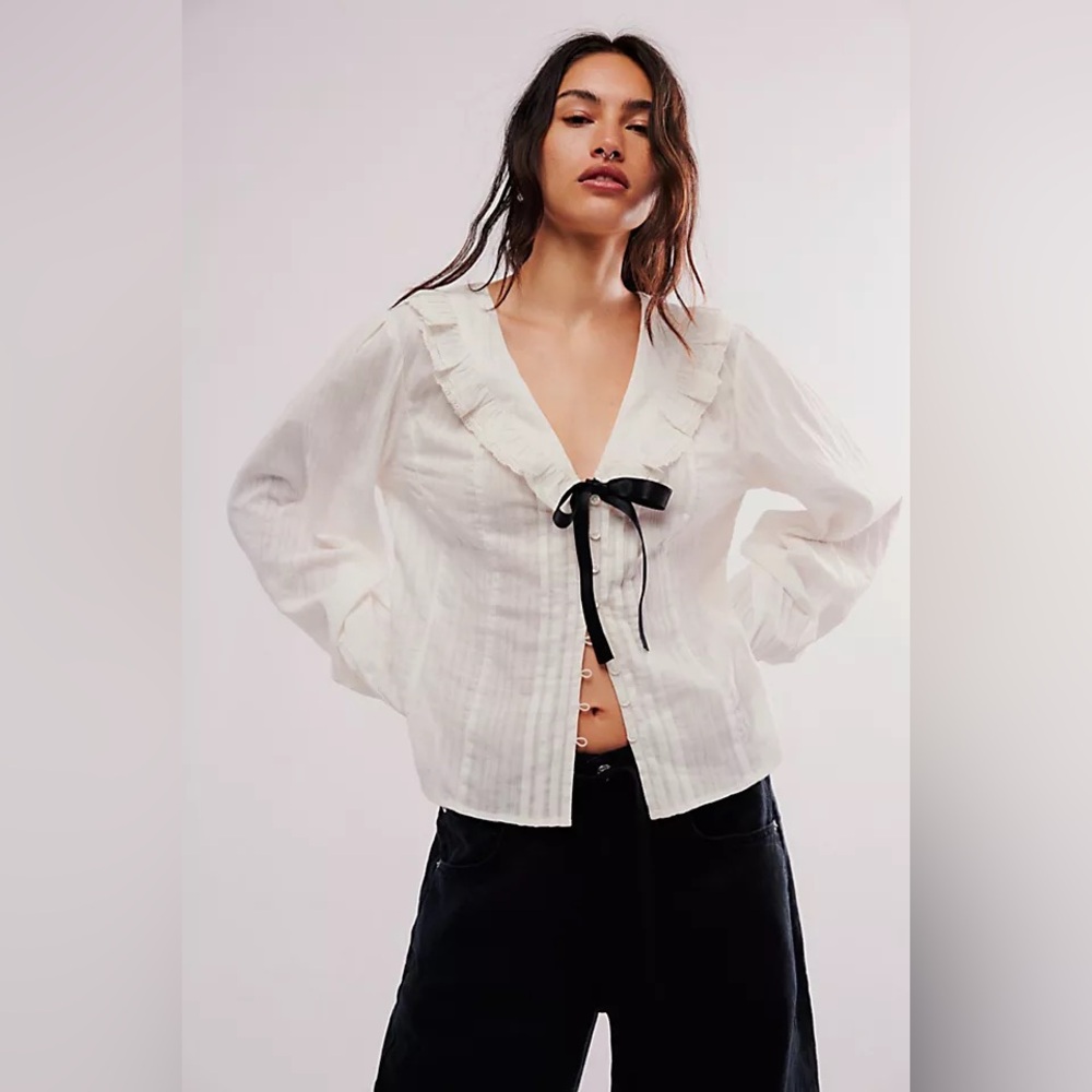 Free People White Ruffle Blouse with Black Bow